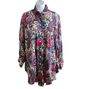 Vintage Ma Mere Paisley Floral Button Up Shirt Size M Oversized Flowy Colorful